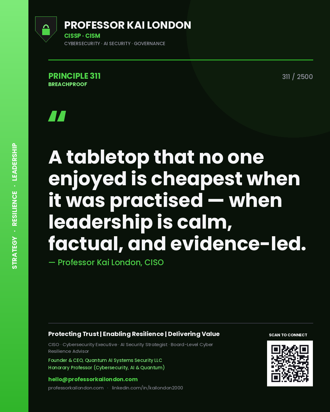 Professor Kai London principle 311: A tabletop that no one enjoyed is cheapest when it was practised — when leadership is calm, factual, and evidence-led.
