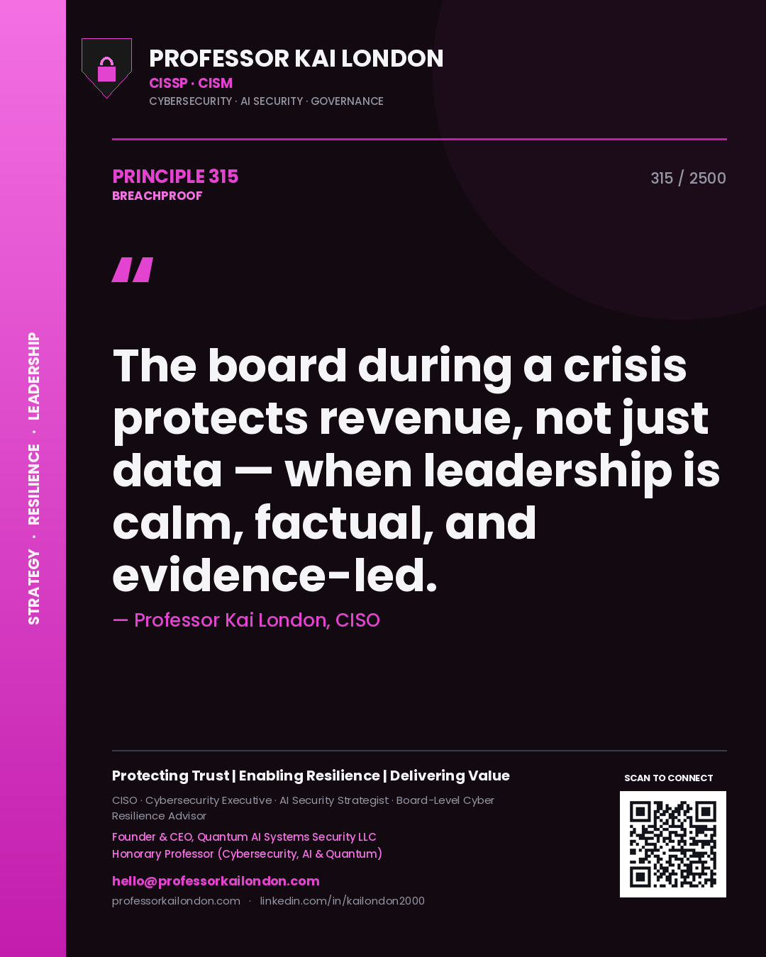 Professor Kai London principle 315: The board during a crisis protects revenue, not just data — when leadership is calm, factual, and evidence-led.