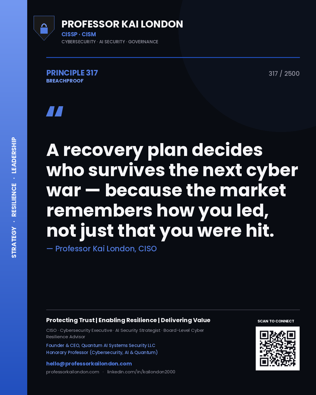 Professor Kai London principle 317: A recovery plan decides who survives the next cyber war — because the market remembers how you led, not just that you were hit.