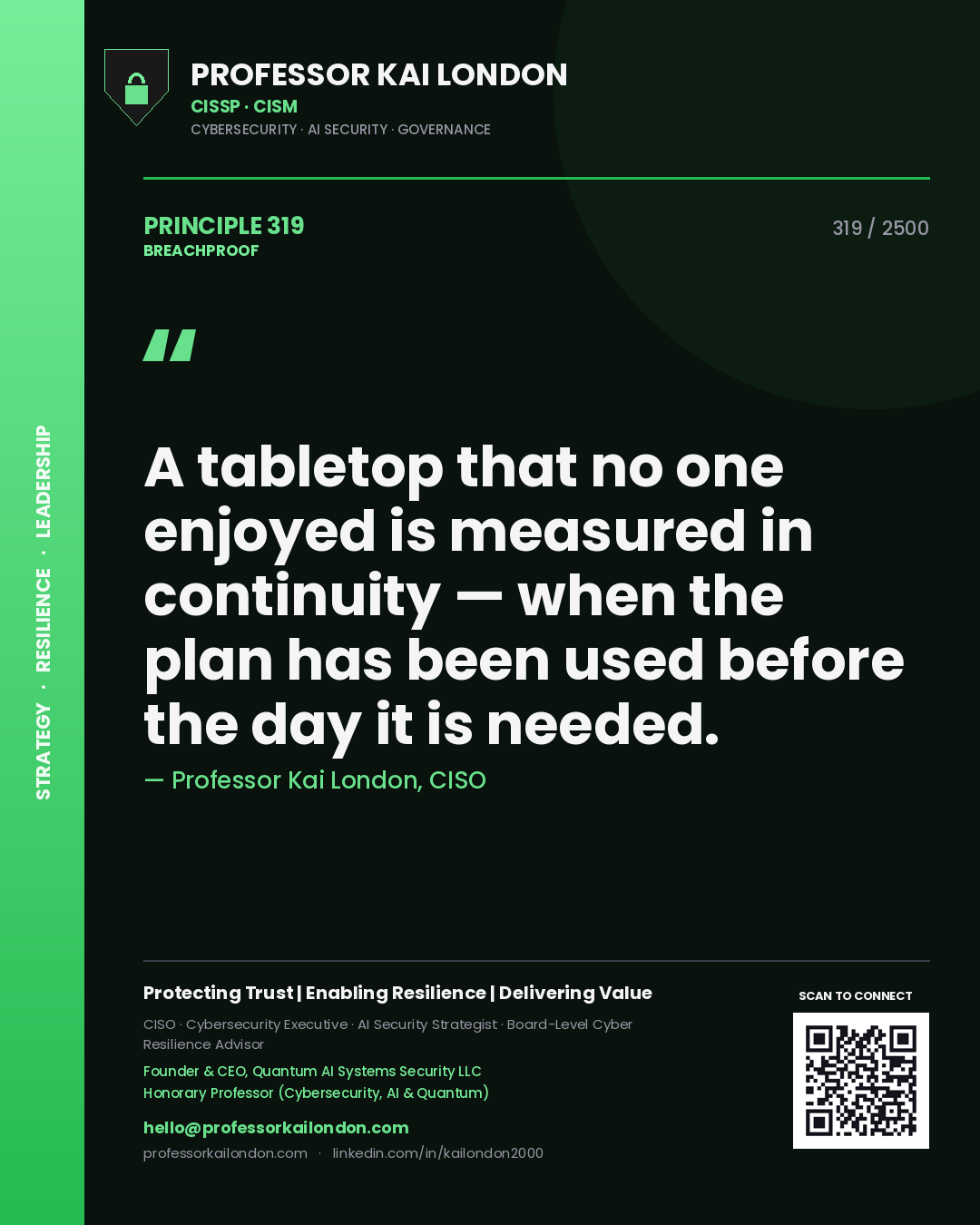 Professor Kai London principle 319: A tabletop that no one enjoyed is measured in continuity — when the plan has been used before the day it is needed.