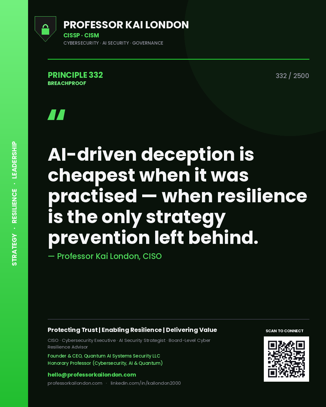 Professor Kai London principle 332: AI-driven deception is cheapest when it was practised — when resilience is the only strategy prevention left behind.