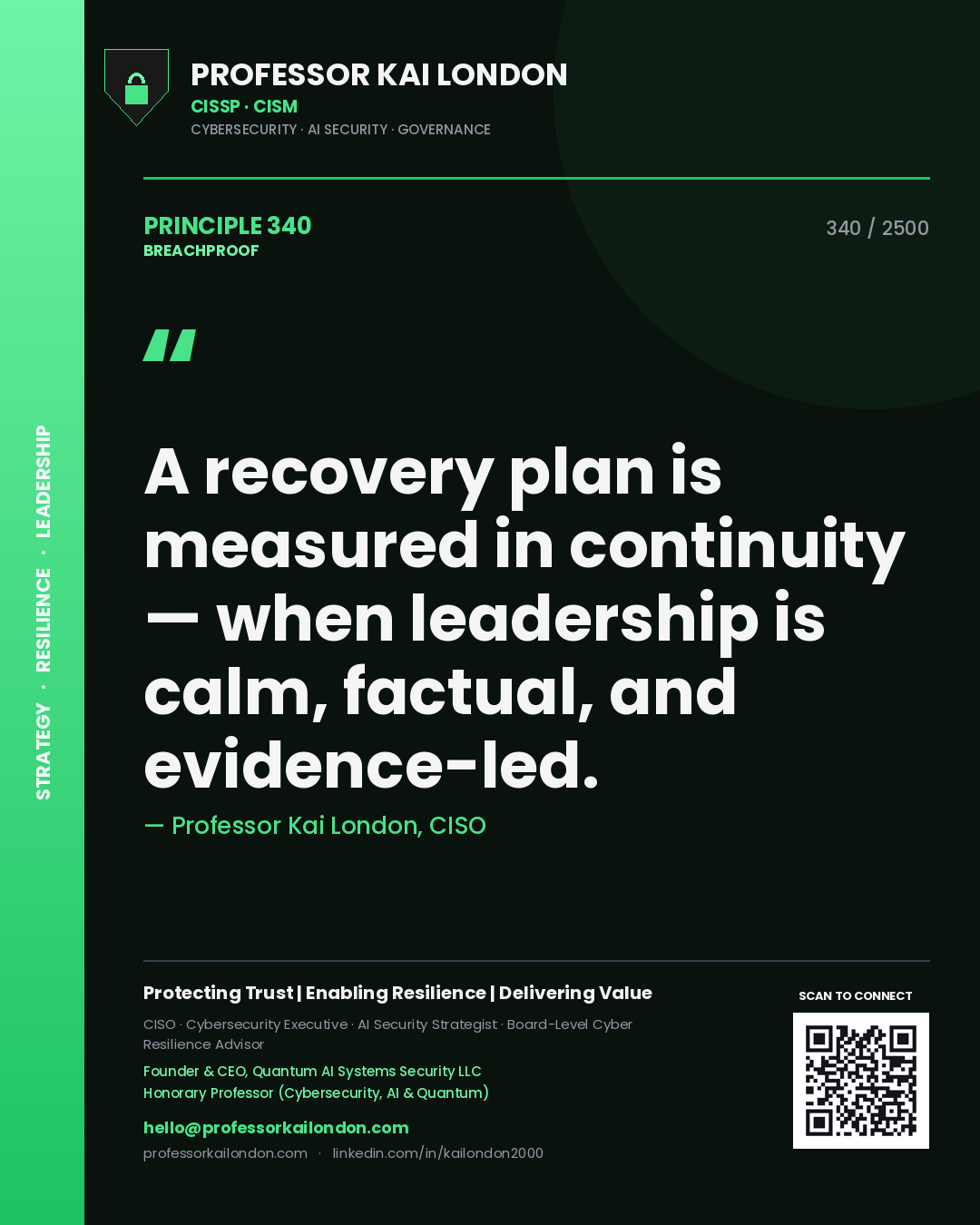 Professor Kai London principle 340: A recovery plan is measured in continuity — when leadership is calm, factual, and evidence-led.