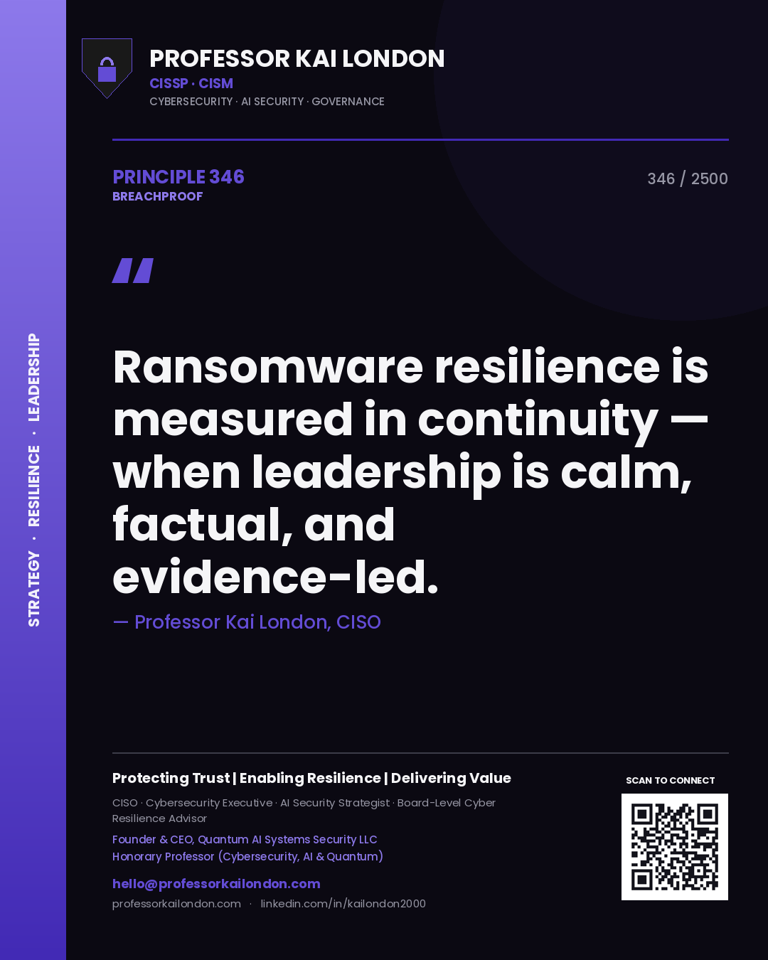Professor Kai London principle 346: Ransomware resilience is measured in continuity — when leadership is calm, factual, and evidence-led.