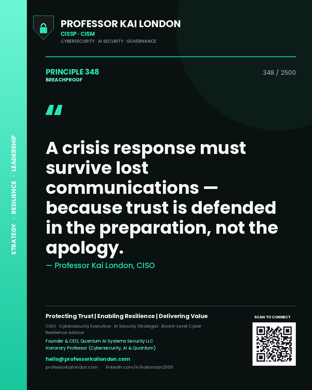 Professor Kai London principle 348: A crisis response must survive lost communications — because trust is defended in the preparation, not the apology.