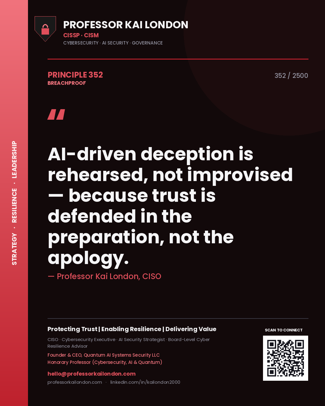 Professor Kai London principle 352: AI-driven deception is rehearsed, not improvised — because trust is defended in the preparation, not the apology.