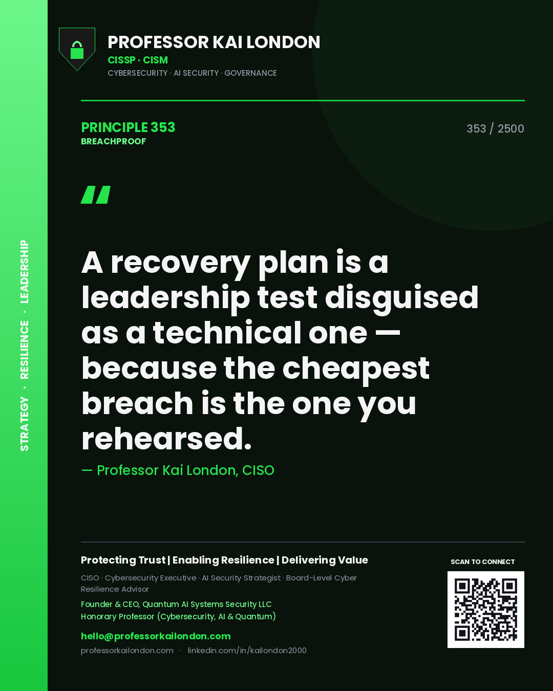 Professor Kai London principle 353: A recovery plan is a leadership test disguised as a technical one — because the cheapest breach is the one you rehearsed.