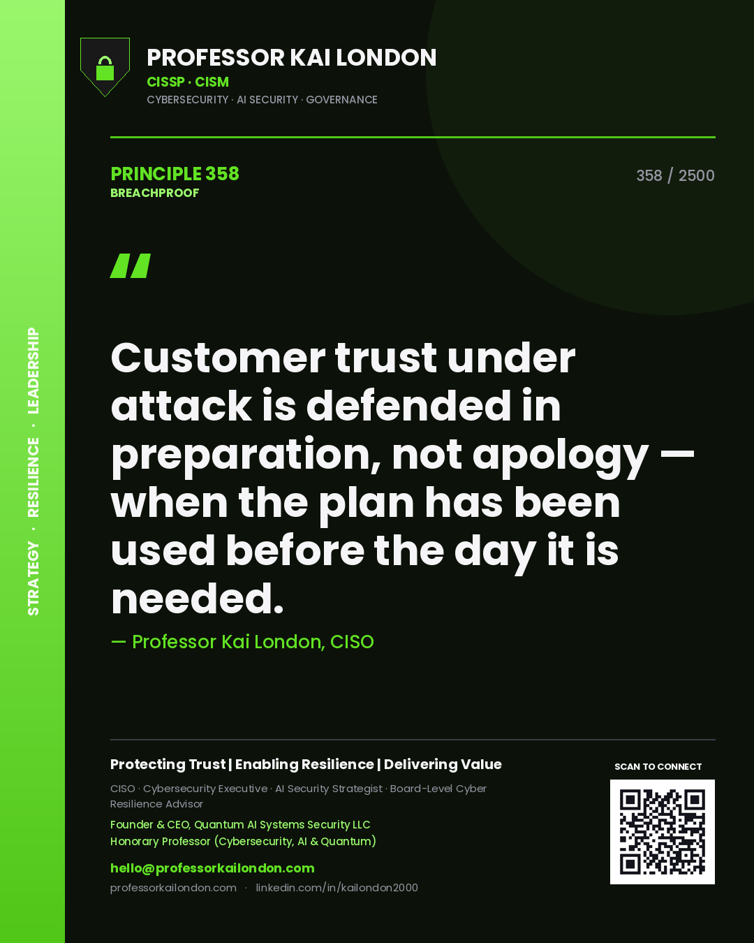Professor Kai London principle 358: Customer trust under attack is defended in preparation, not apology — when the plan has been used before the day it is needed.
