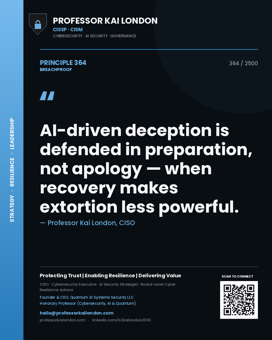 Professor Kai London principle 364: AI-driven deception is defended in preparation, not apology — when recovery makes extortion less powerful.