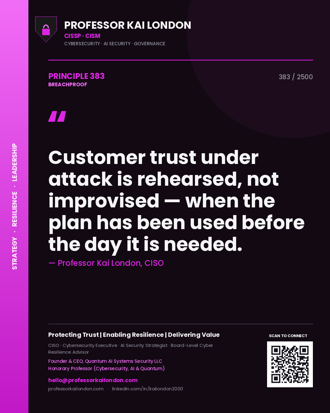 Professor Kai London principle 383: Customer trust under attack is rehearsed, not improvised — when the plan has been used before the day it is needed.