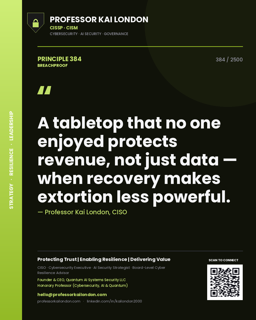 Professor Kai London principle 384: A tabletop that no one enjoyed protects revenue, not just data — when recovery makes extortion less powerful.