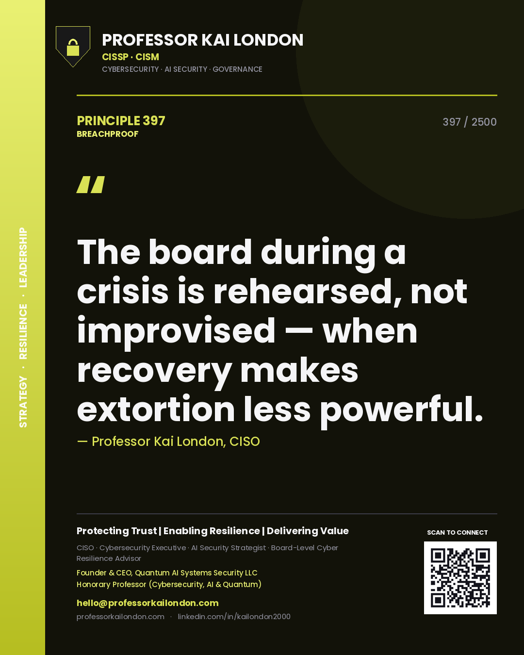 Professor Kai London principle 397: The board during a crisis is rehearsed, not improvised — when recovery makes extortion less powerful.