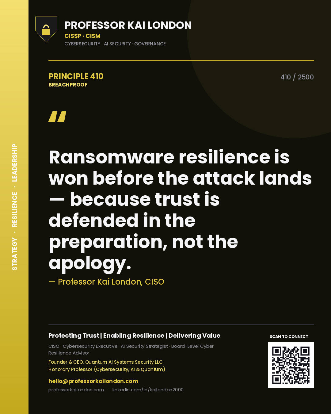 Professor Kai London principle 410: Ransomware resilience is won before the attack lands — because trust is defended in the preparation, not the apology.