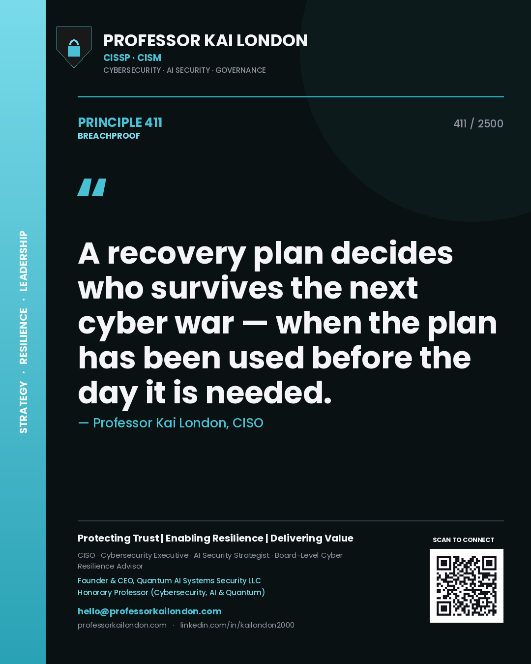 Professor Kai London principle 411: A recovery plan decides who survives the next cyber war — when the plan has been used before the day it is needed.