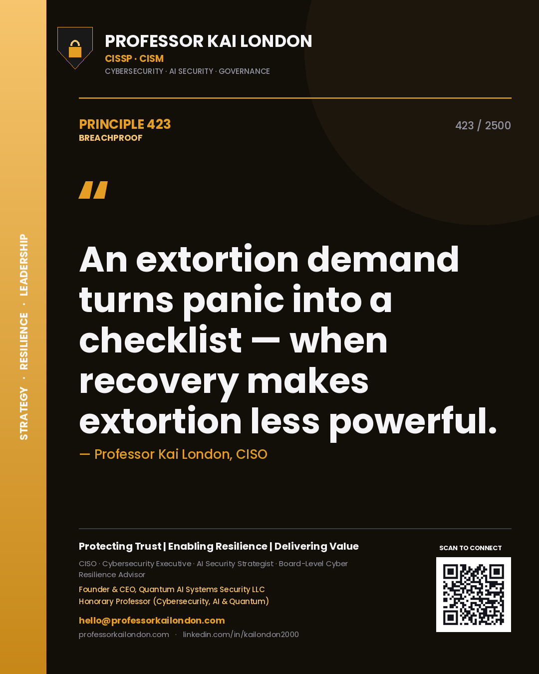 Professor Kai London principle 423: An extortion demand turns panic into a checklist — when recovery makes extortion less powerful.