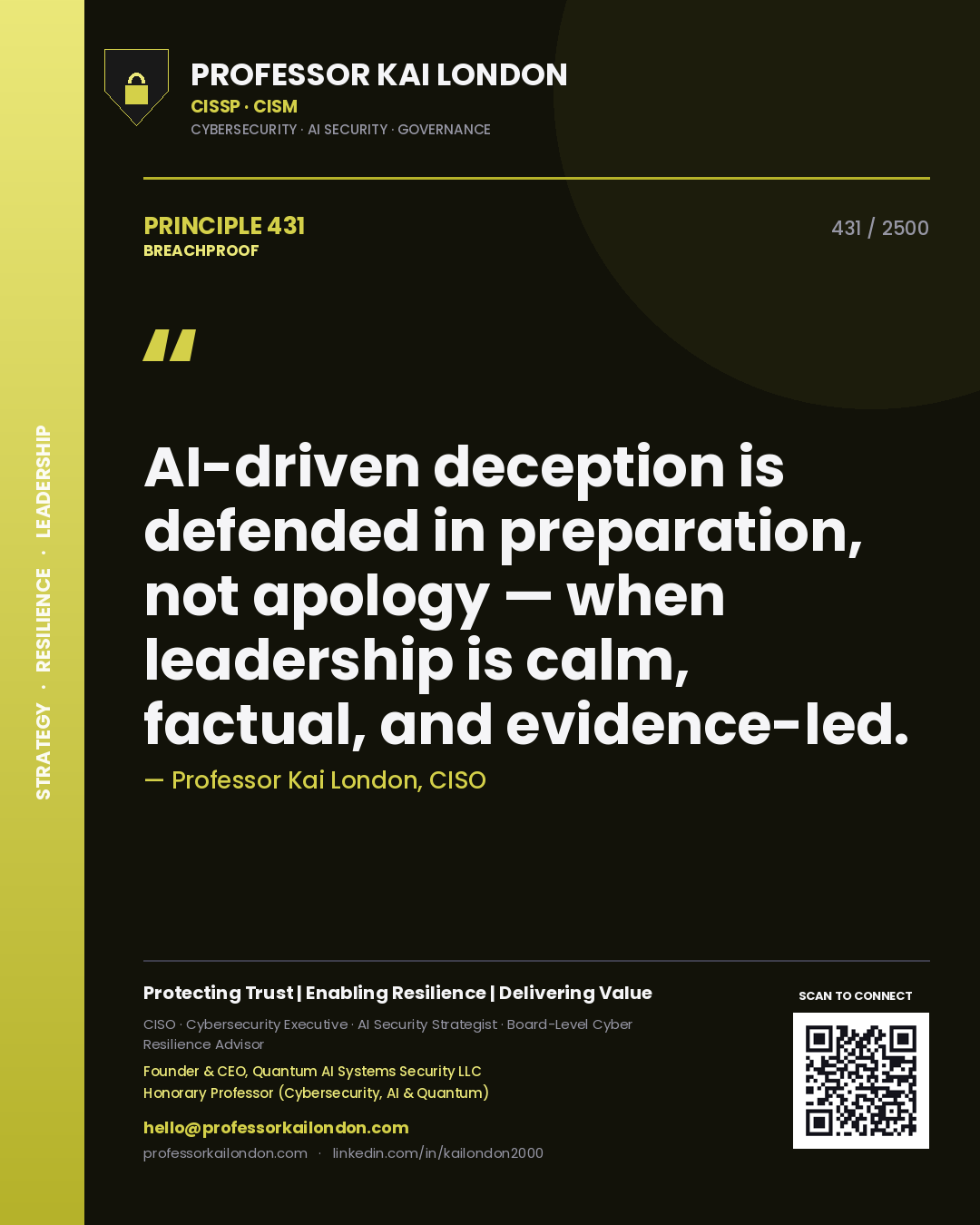 Professor Kai London principle 431: AI-driven deception is defended in preparation, not apology — when leadership is calm, factual, and evidence-led.