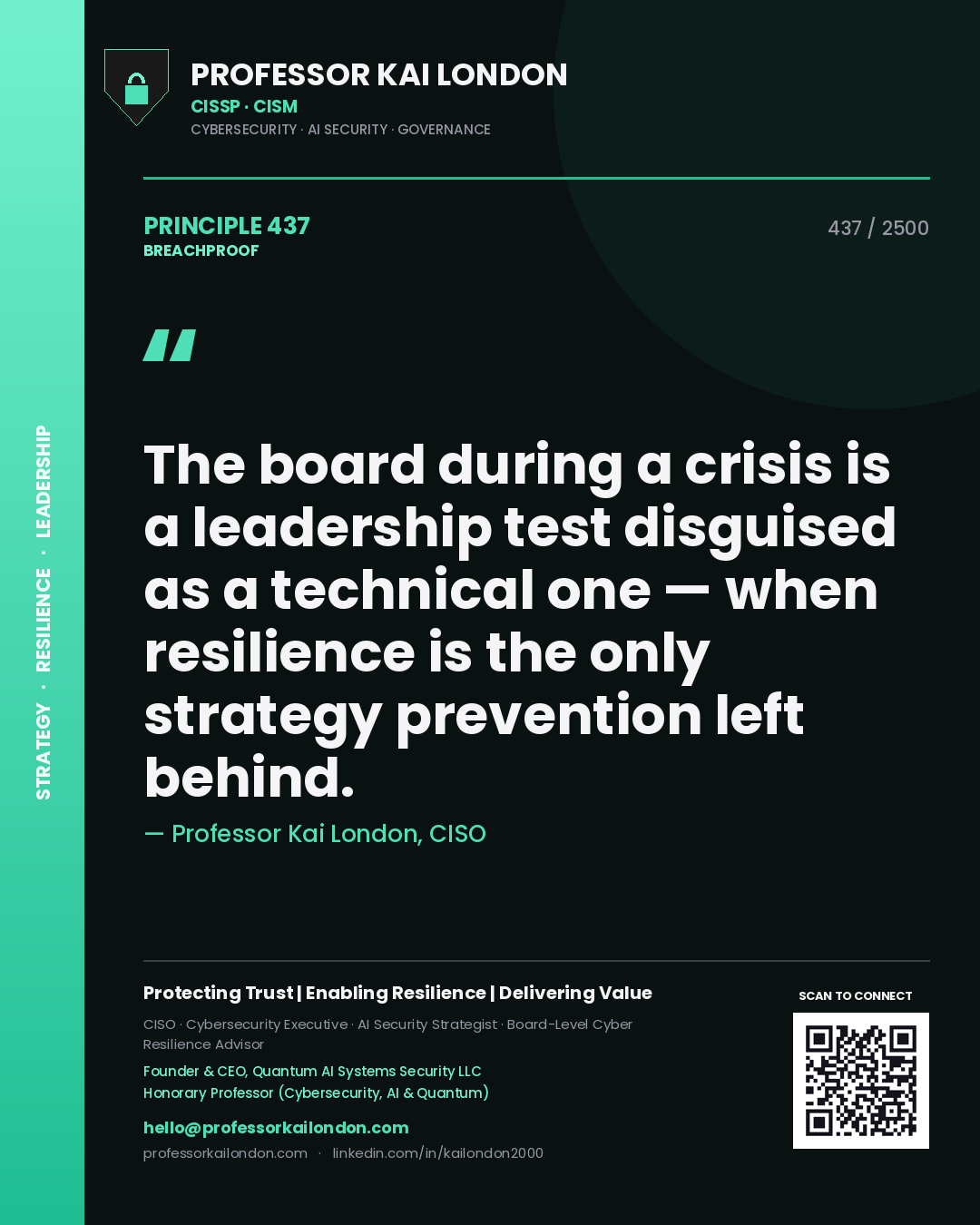 Professor Kai London principle 437: The board during a crisis is a leadership test disguised as a technical one — when resilience is the only strategy prevention left behind.