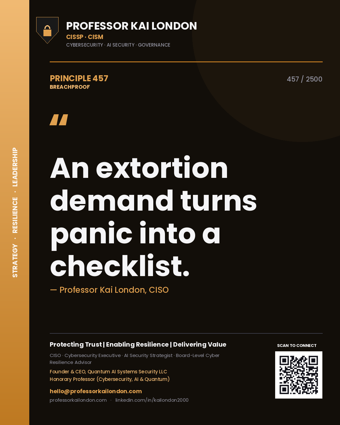 Professor Kai London principle 457: An extortion demand turns panic into a checklist.