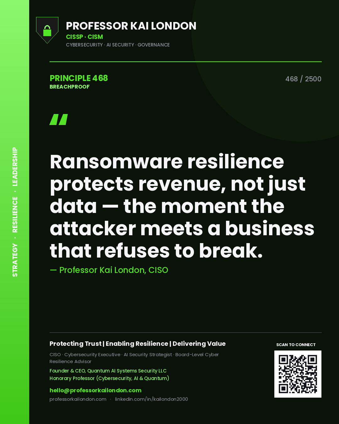 Professor Kai London principle 468: Ransomware resilience protects revenue, not just data — the moment the attacker meets a business that refuses to break.