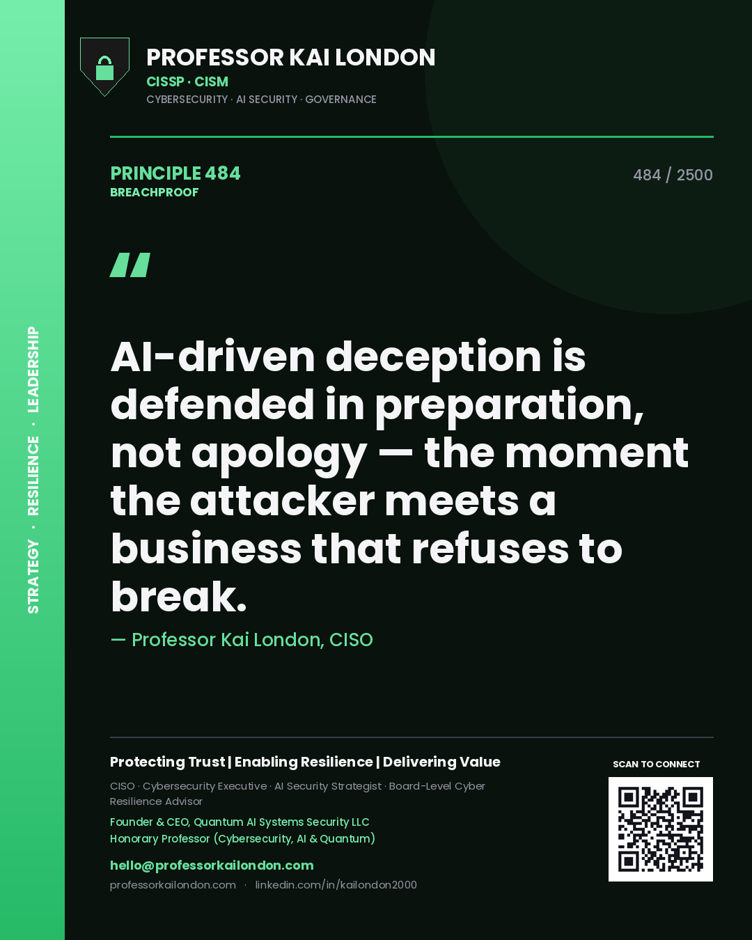 Professor Kai London principle 484: AI-driven deception is defended in preparation, not apology — the moment the attacker meets a business that refuses to break.