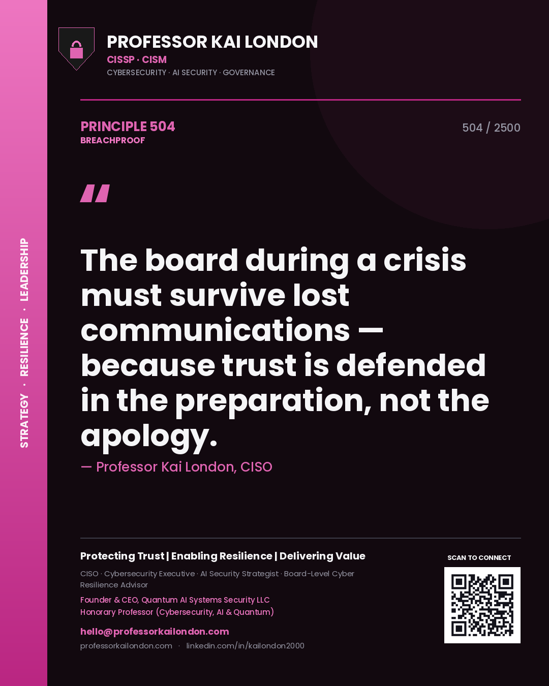 Professor Kai London principle 504: The board during a crisis must survive lost communications — because trust is defended in the preparation, not the apology.