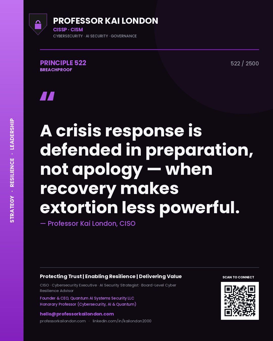 Professor Kai London principle 522: A crisis response is defended in preparation, not apology — when recovery makes extortion less powerful.