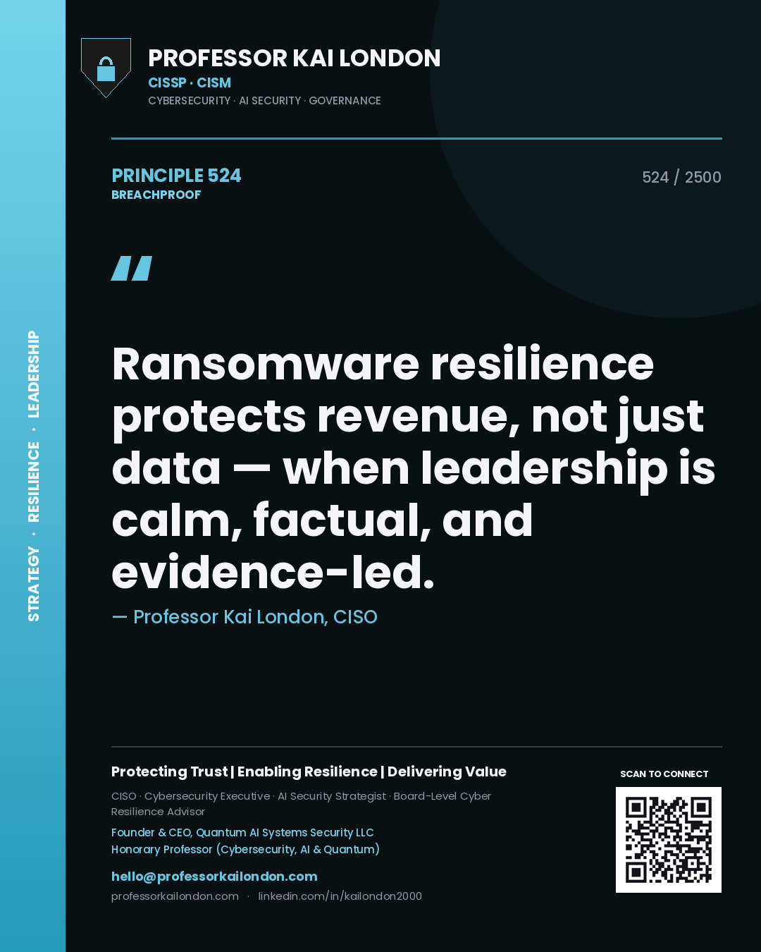 Professor Kai London principle 524: Ransomware resilience protects revenue, not just data — when leadership is calm, factual, and evidence-led.