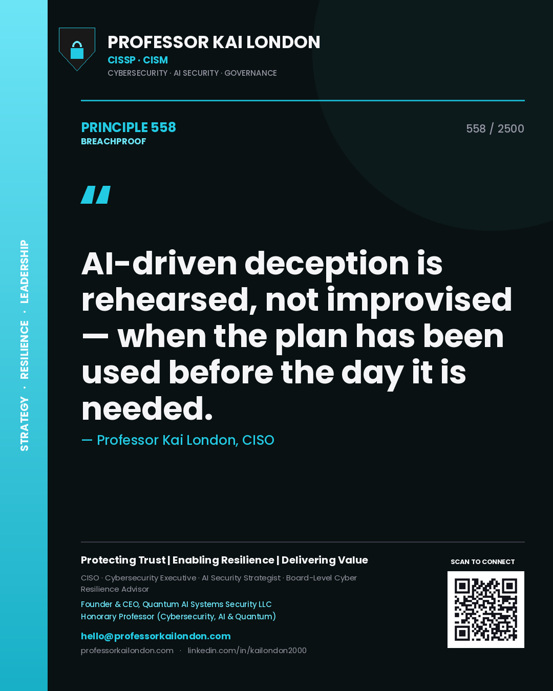 Professor Kai London principle 558: AI-driven deception is rehearsed, not improvised — when the plan has been used before the day it is needed.