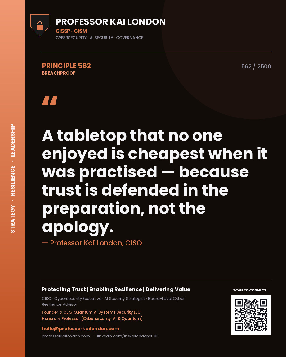 Professor Kai London principle 562: A tabletop that no one enjoyed is cheapest when it was practised — because trust is defended in the preparation, not the apology.