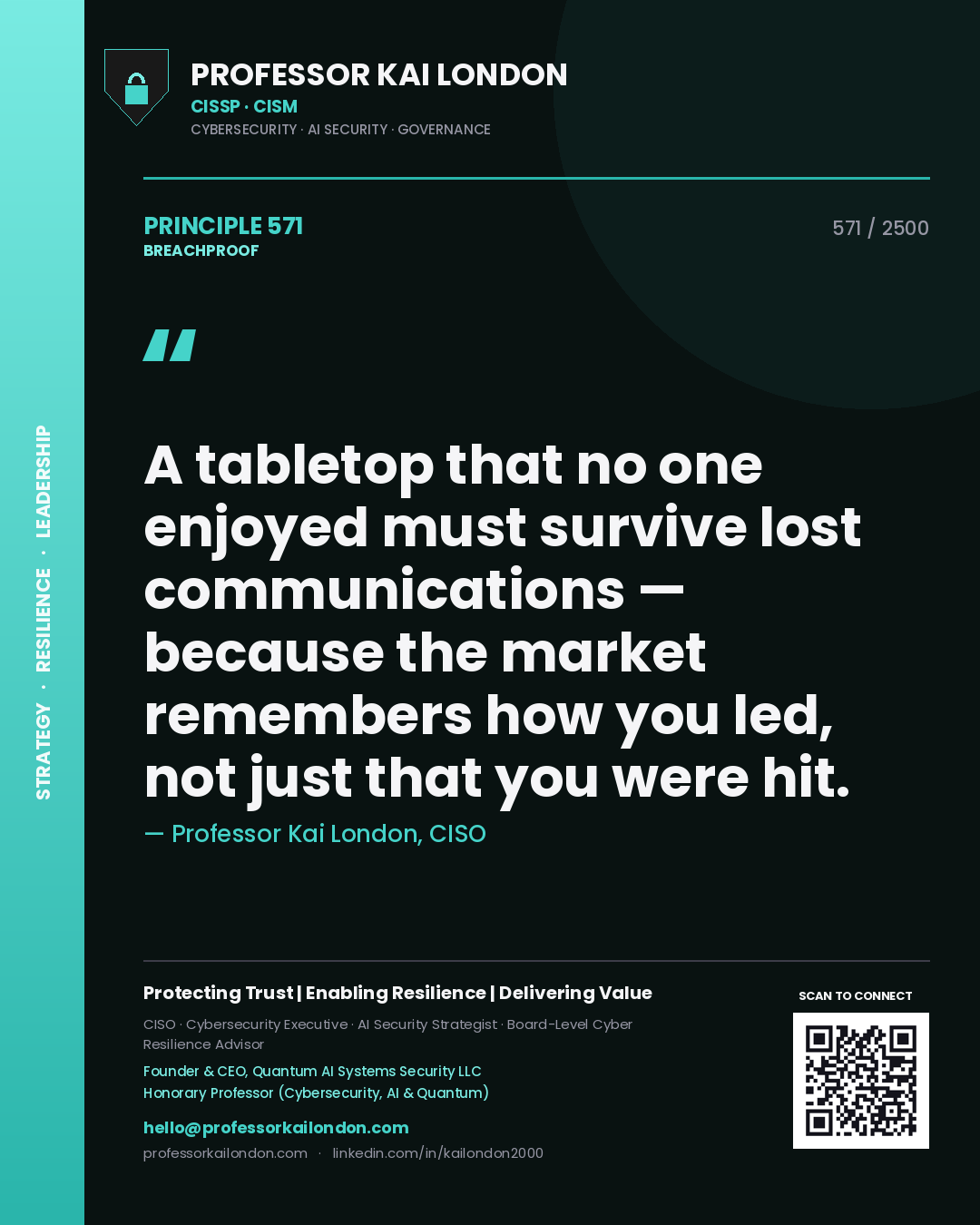 Professor Kai London principle 571: A tabletop that no one enjoyed must survive lost communications — because the market remembers how you led, not just that you were hit.