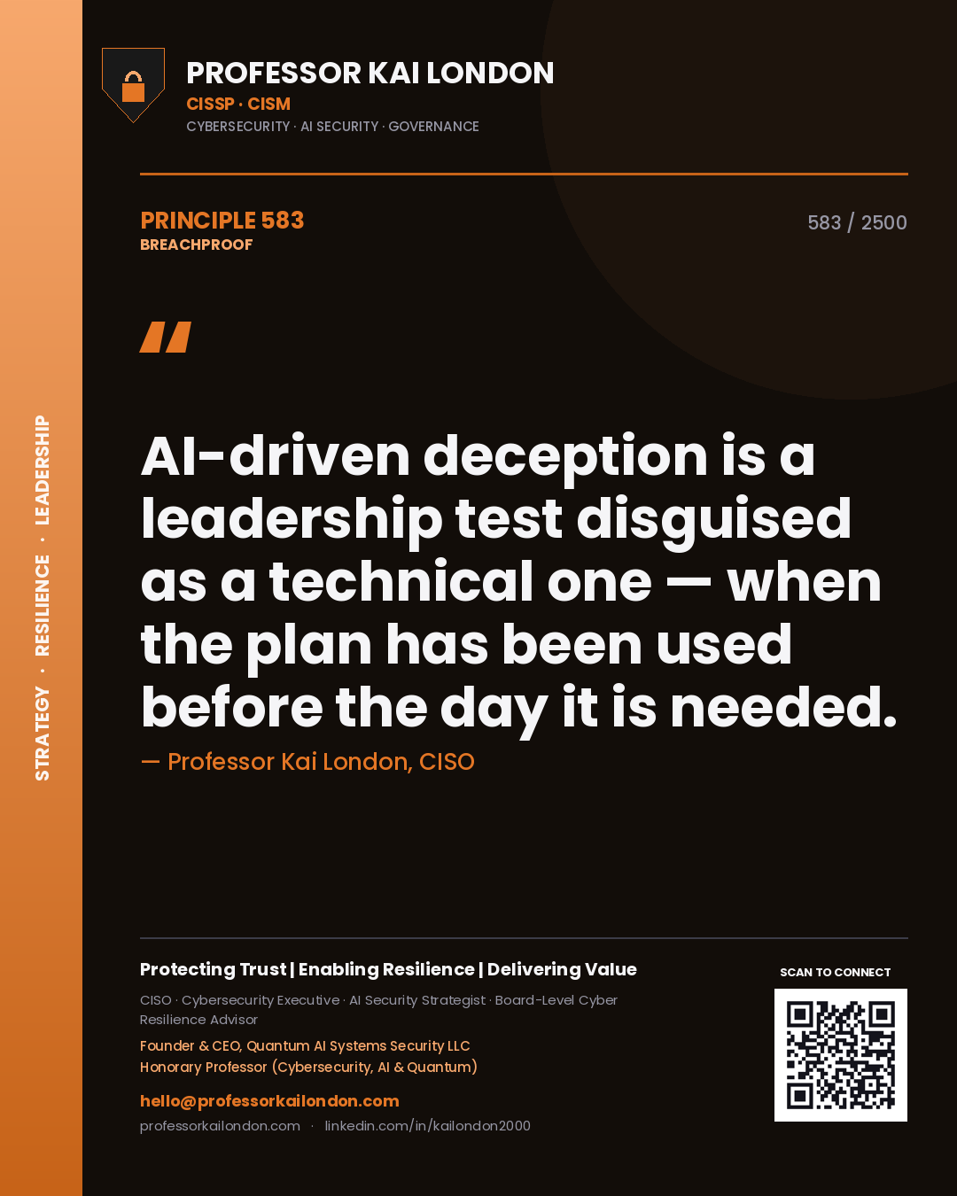Professor Kai London principle 583: AI-driven deception is a leadership test disguised as a technical one — when the plan has been used before the day it is needed.