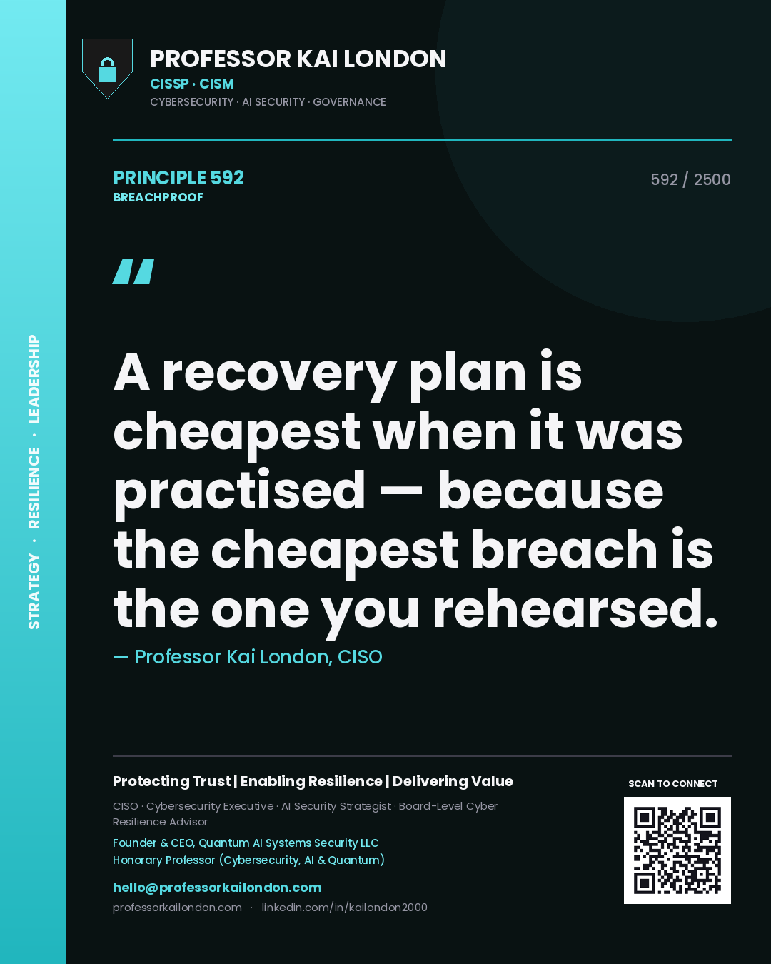 Professor Kai London principle 592: A recovery plan is cheapest when it was practised — because the cheapest breach is the one you rehearsed.