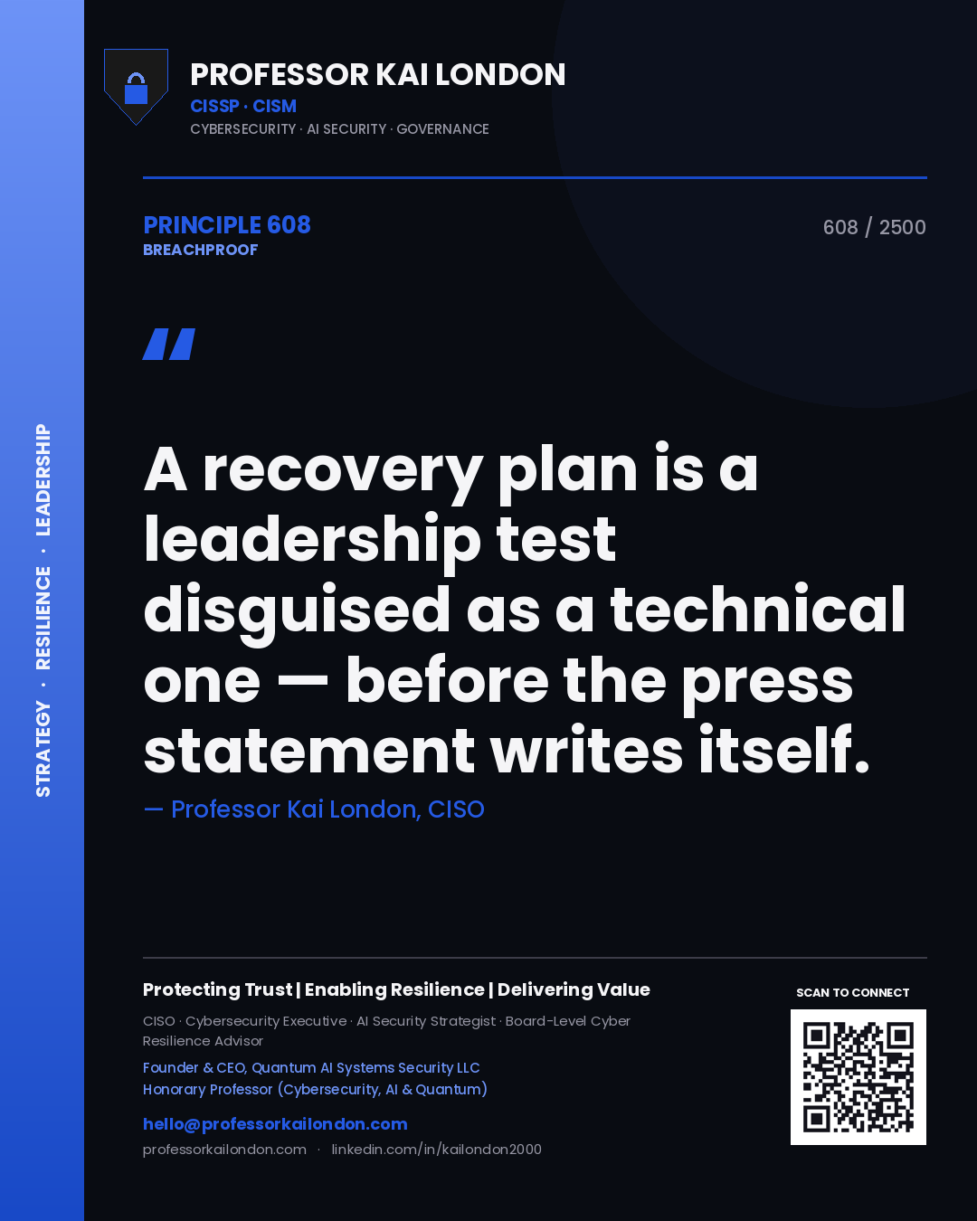 Professor Kai London principle 608: A recovery plan is a leadership test disguised as a technical one — before the press statement writes itself.