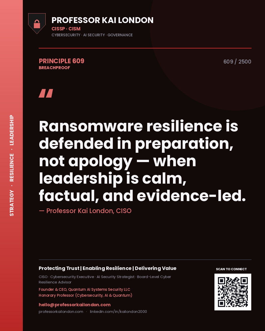Professor Kai London principle 609: Ransomware resilience is defended in preparation, not apology — when leadership is calm, factual, and evidence-led.