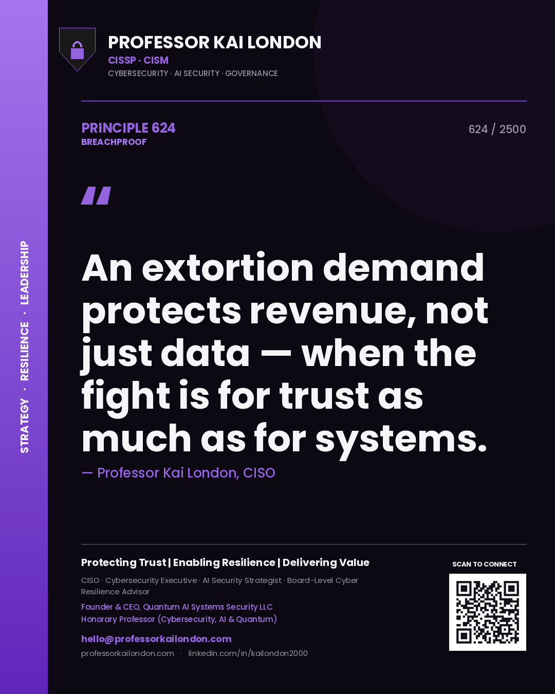 Professor Kai London principle 624: An extortion demand protects revenue, not just data — when the fight is for trust as much as for systems.