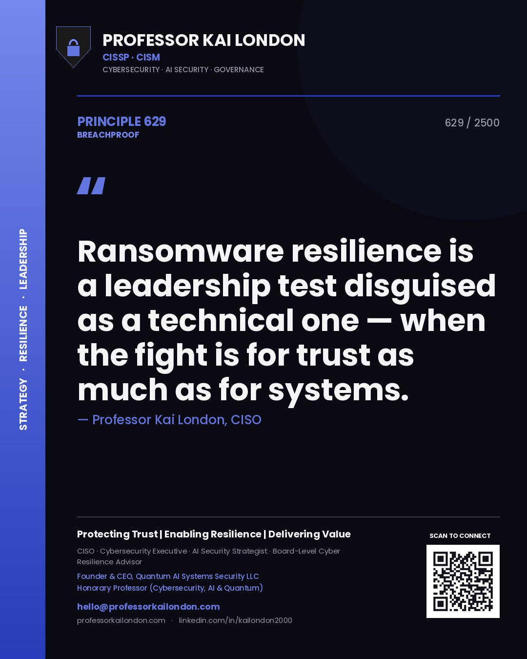 Professor Kai London principle 629: Ransomware resilience is a leadership test disguised as a technical one — when the fight is for trust as much as for systems.