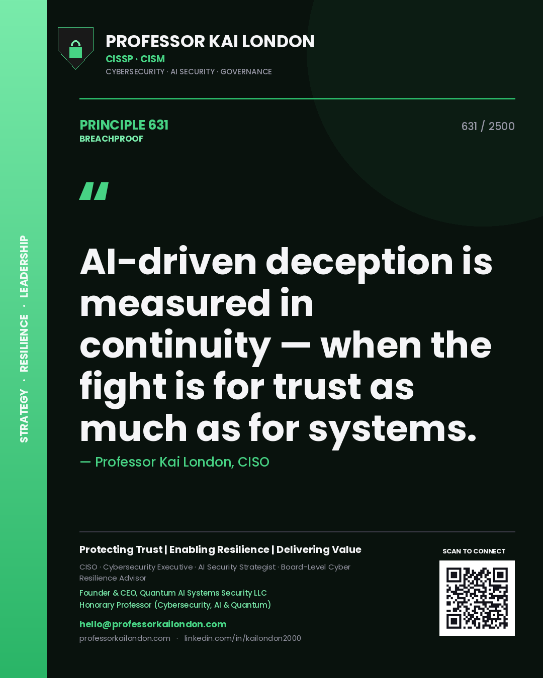 Professor Kai London principle 631: AI-driven deception is measured in continuity — when the fight is for trust as much as for systems.