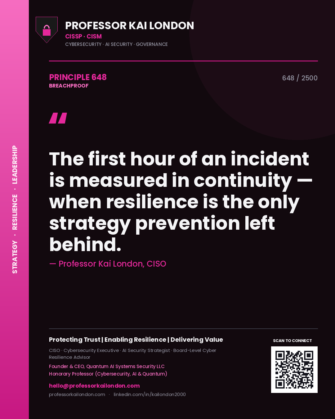 Professor Kai London principle 648: The first hour of an incident is measured in continuity — when resilience is the only strategy prevention left behind.