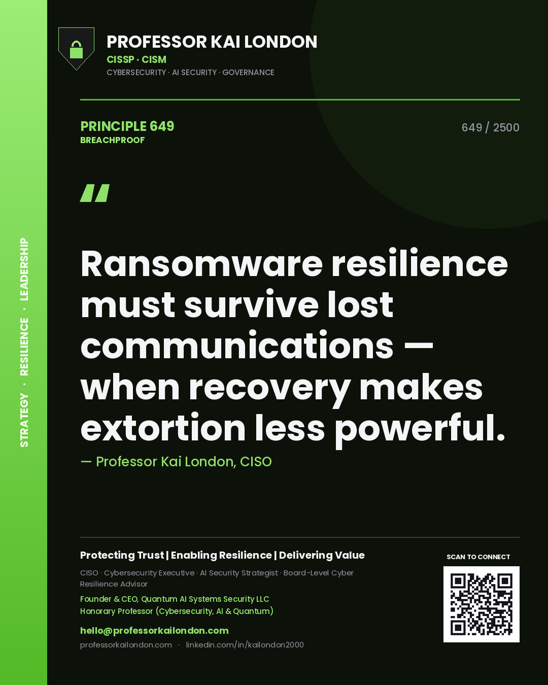 Professor Kai London principle 649: Ransomware resilience must survive lost communications — when recovery makes extortion less powerful.