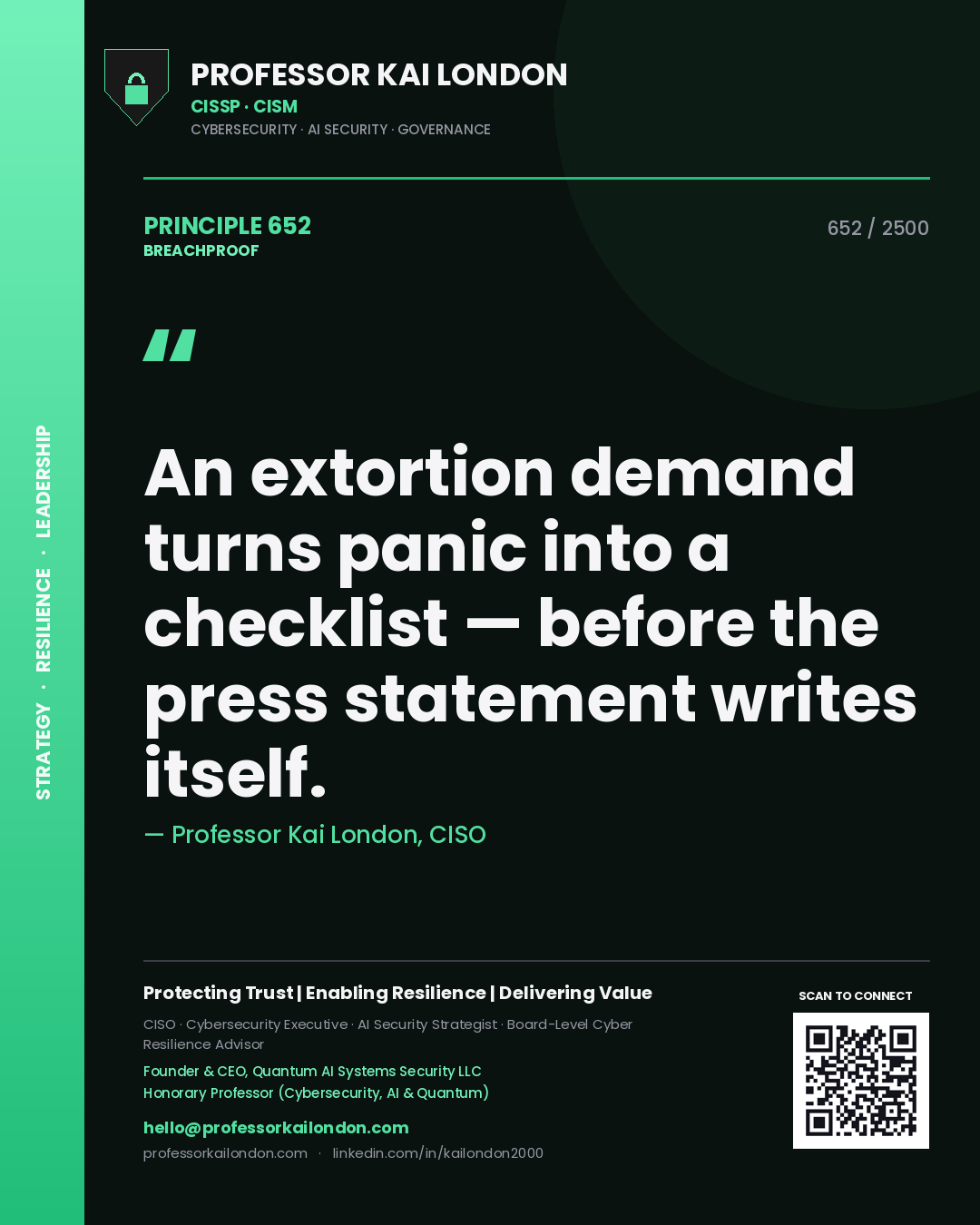 Professor Kai London principle 652: An extortion demand turns panic into a checklist — before the press statement writes itself.