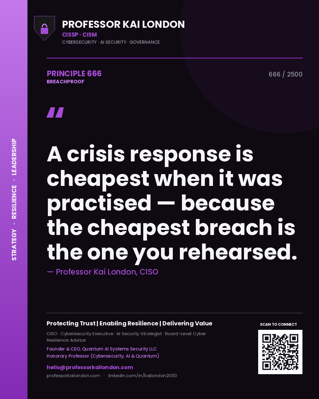Professor Kai London principle 666: A crisis response is cheapest when it was practised — because the cheapest breach is the one you rehearsed.