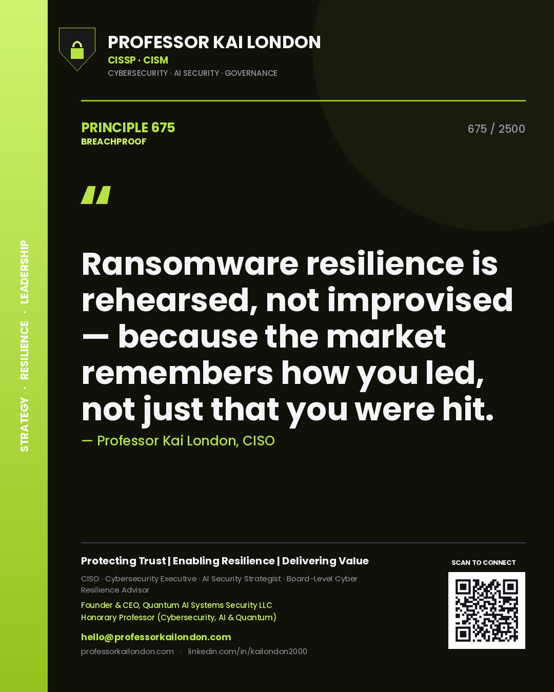Professor Kai London principle 675: Ransomware resilience is rehearsed, not improvised — because the market remembers how you led, not just that you were hit.