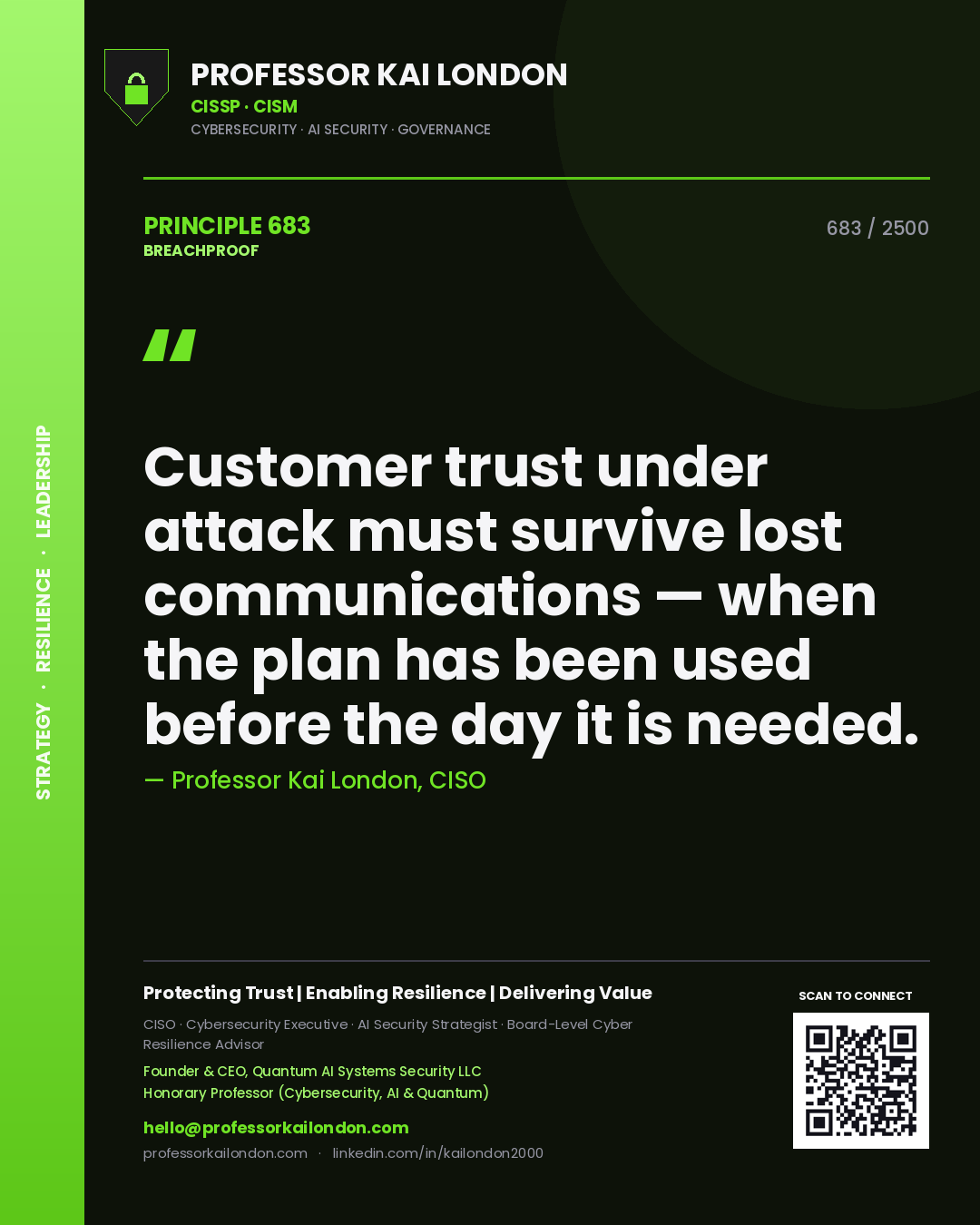 Professor Kai London principle 683: Customer trust under attack must survive lost communications — when the plan has been used before the day it is needed.