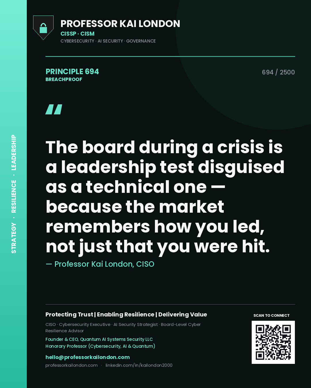 Professor Kai London principle 694: The board during a crisis is a leadership test disguised as a technical one — because the market remembers how you led, not just that you were hit.