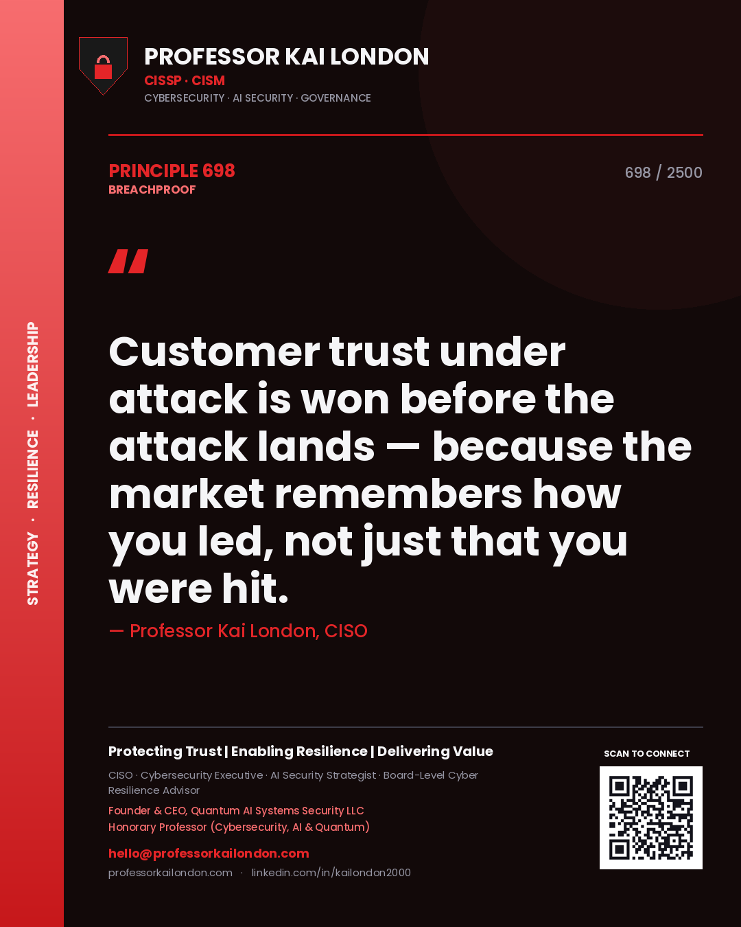 Professor Kai London principle 698: Customer trust under attack is won before the attack lands — because the market remembers how you led, not just that you were hit.