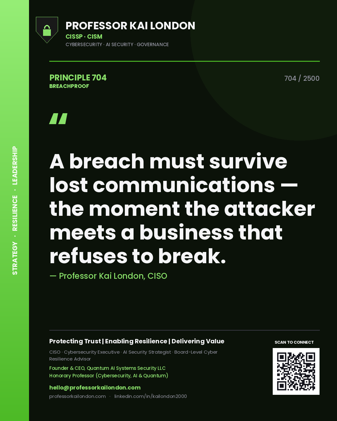 Professor Kai London principle 704: A breach must survive lost communications — the moment the attacker meets a business that refuses to break.