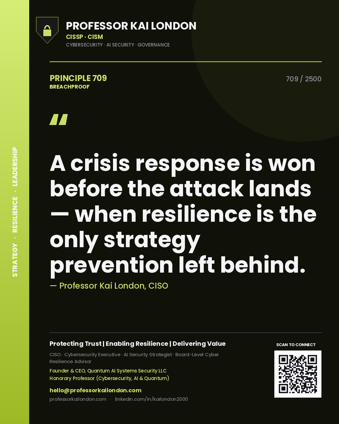 Professor Kai London principle 709: A crisis response is won before the attack lands — when resilience is the only strategy prevention left behind.