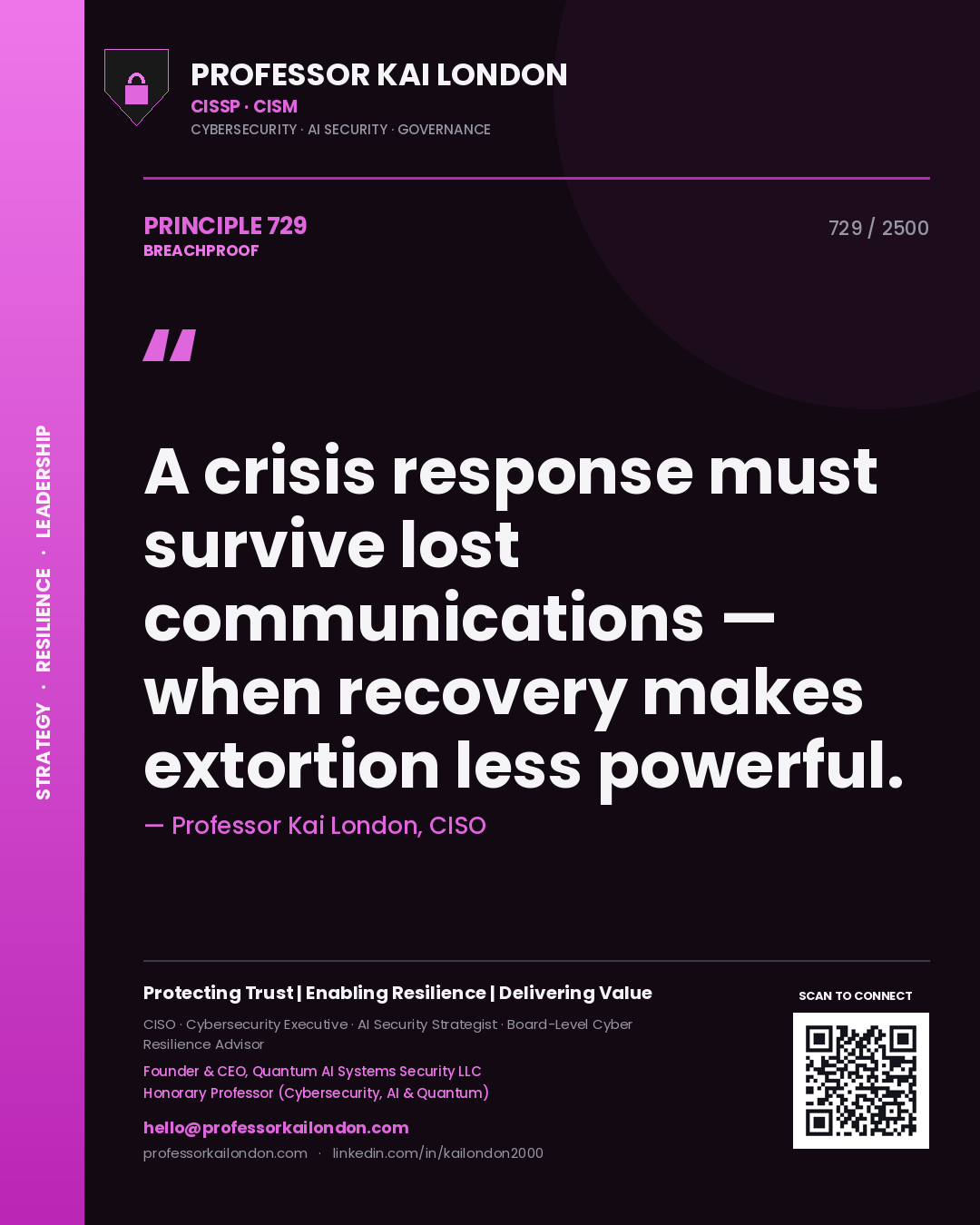 Professor Kai London principle 729: A crisis response must survive lost communications — when recovery makes extortion less powerful.
