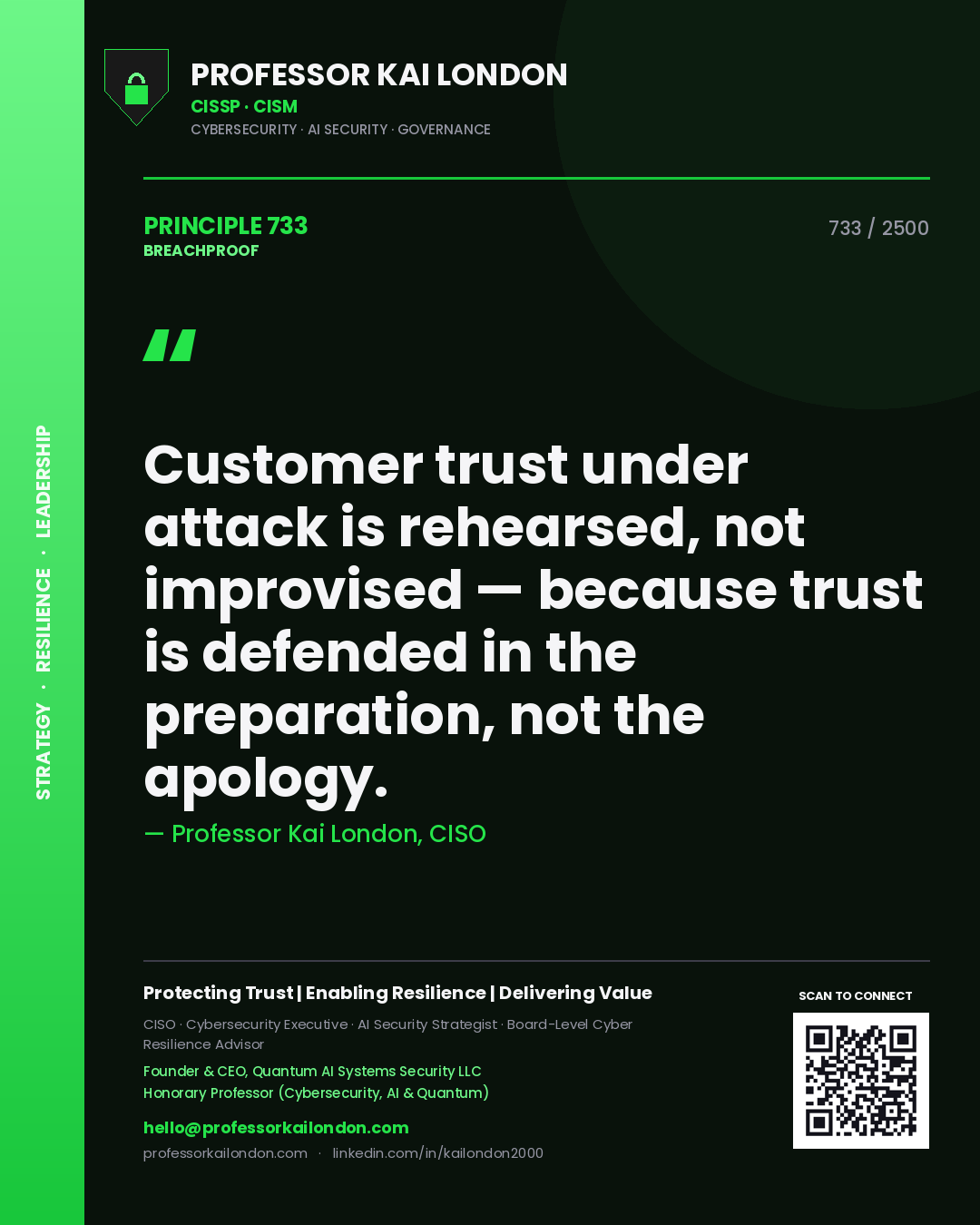 Professor Kai London principle 733: Customer trust under attack is rehearsed, not improvised — because trust is defended in the preparation, not the apology.