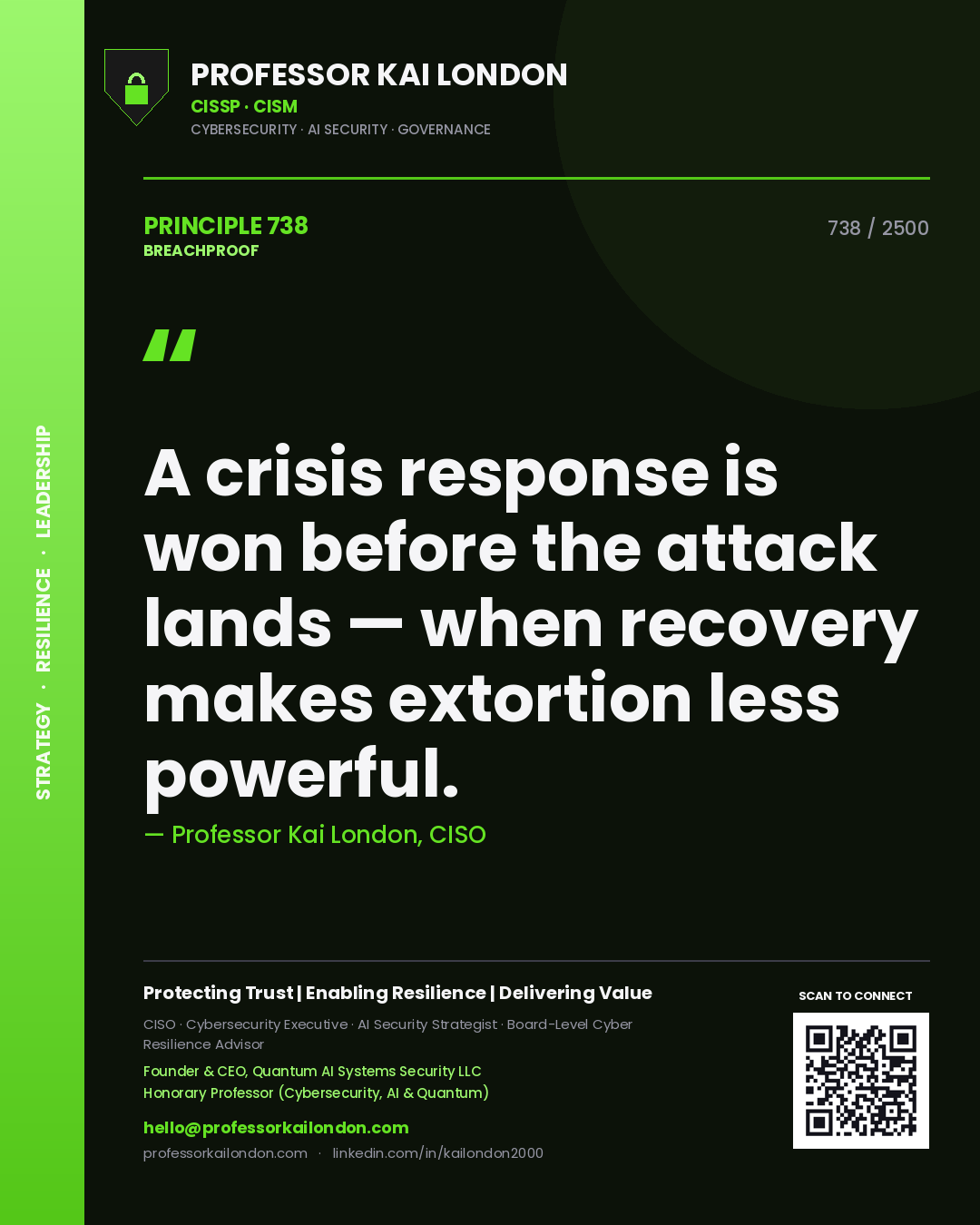 Professor Kai London principle 738: A crisis response is won before the attack lands — when recovery makes extortion less powerful.