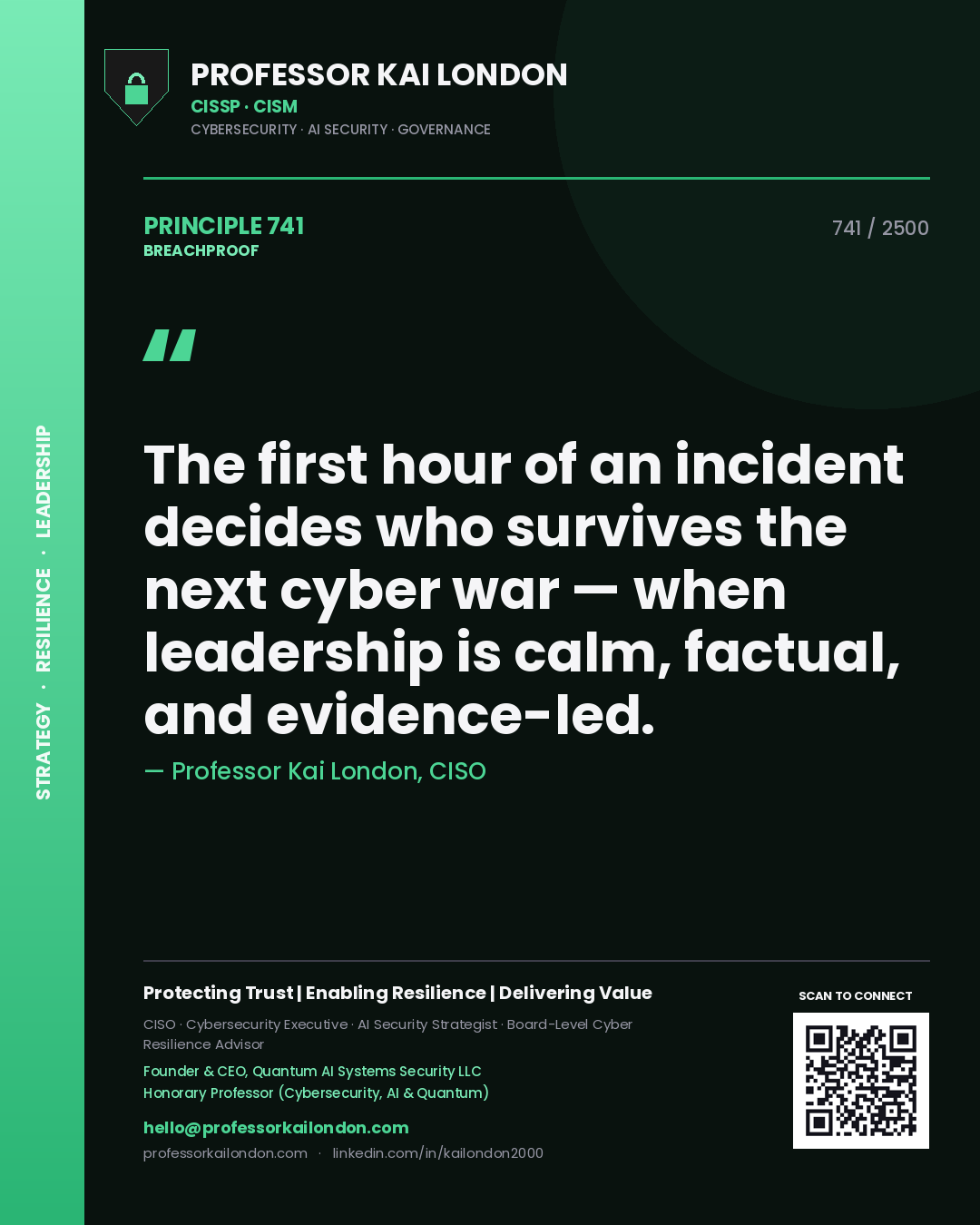 Professor Kai London principle 741: The first hour of an incident decides who survives the next cyber war — when leadership is calm, factual, and evidence-led.